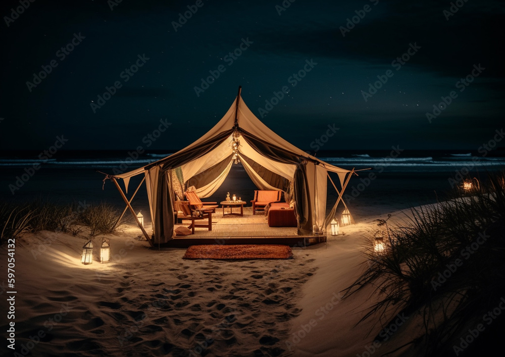 Fotografie glamping tent on a beach , generative ai