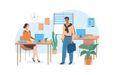 School blue concept with people scene in the flat cartoon style. Teachers discuss lesson plants after classes in the teachers room. Vector illustration.