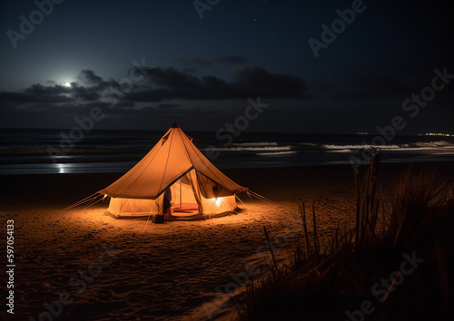 glamping tent on a beach , generative ai