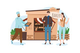 Shop blue concept with people scene in the flat cartoon style. Young couple went to the bakery after work to get tasty breads. Vector illustration.