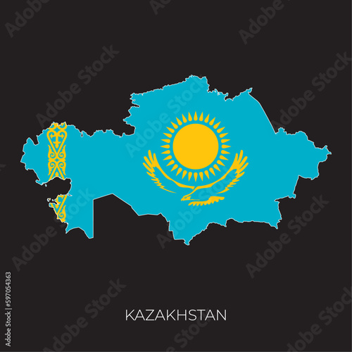 Kazakhstan map and flag. Detailed silhouette vector illustration 