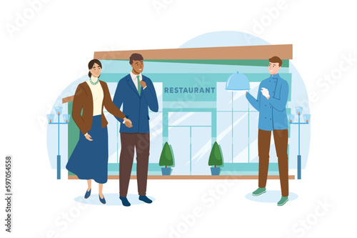 Shop blue concept with people scene in the flat cartoon design. Man with his wife go to the restaurant. Vector illustration.
