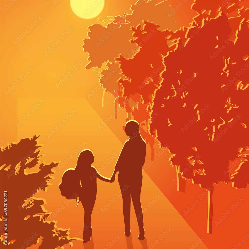 Silhouette of a woman with a child on the alley, go to school