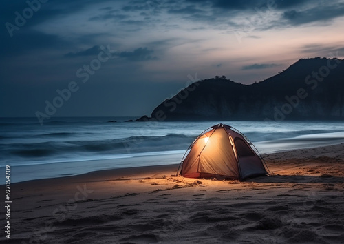 pop up tent on a beach at night, camping lifestyle, generative ai 