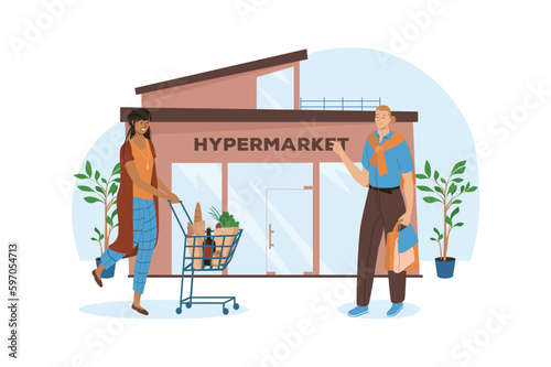 Blue concept Shop with people scene in the flat cartoon style. Neighbors met near the supermarket with products. Vector illustration.