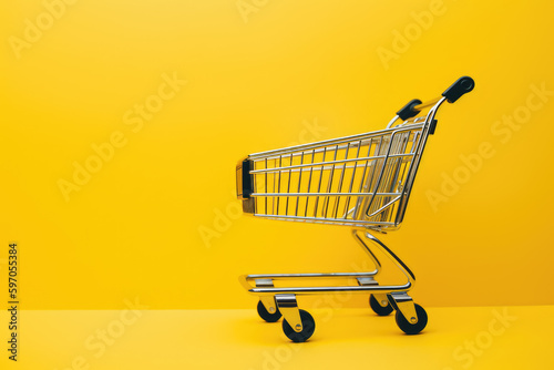 Striking Shopping: Cart Set Against a yellow Background. Generative AI