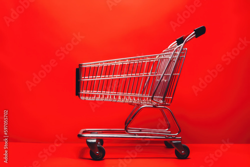 Striking Shopping: Cart Set Against a red Background. Generative AI