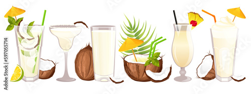 A set of coconut cocktails.Summer, tropical drinks.Coconut milk, milkshake, mojito, pina colada.Vector illustration.