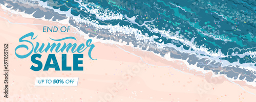 Summer sale horizontal banner. Vector beautiful realistic top view illustration of sandy summer beach