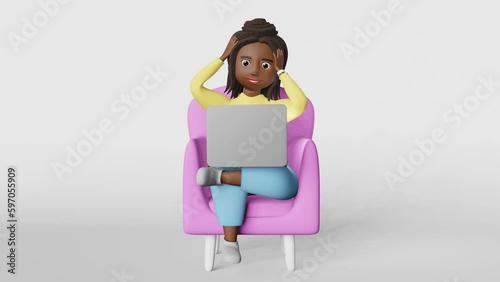 Scared stressed African American woman employee 3D animation working on laptop remotely having video conference talking web call Corporate meeting. Diverse freelancer missing deadline. Online studying