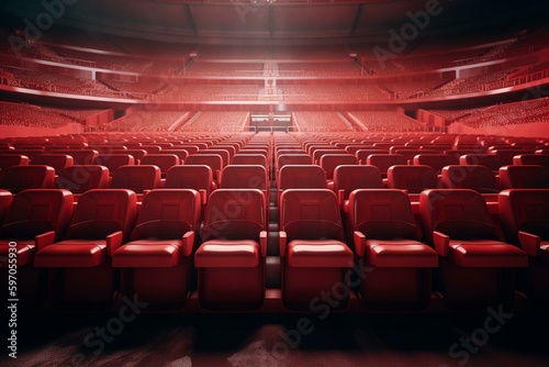 A 3D rendered tier with red plastic seats in a stadium or venue. Generative AI