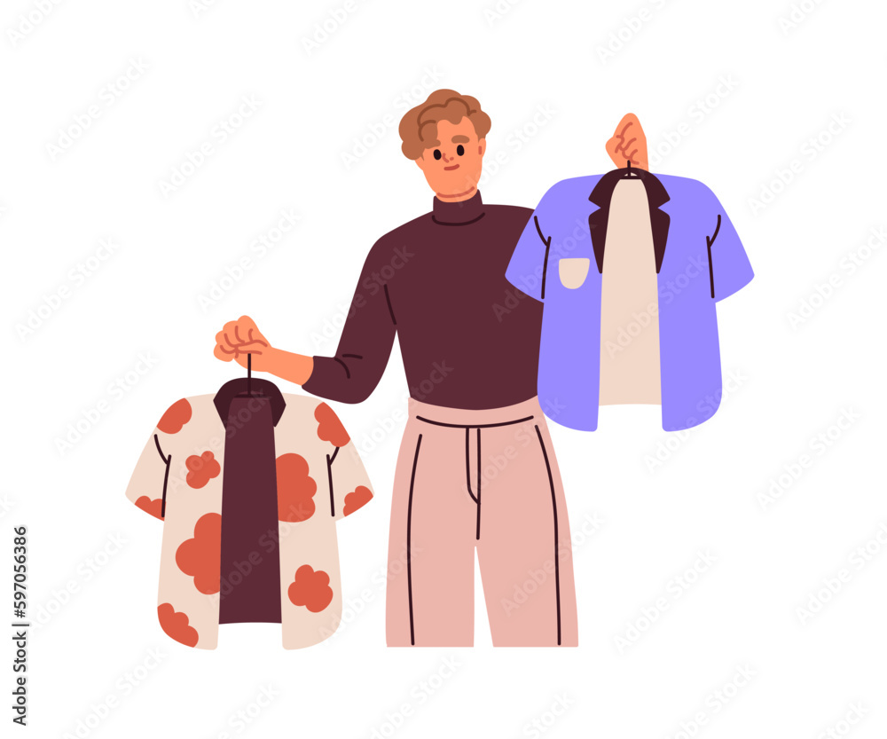 Person choosing clothes, shirt, deciding what to buy, wear. Man holding hangers with two different garments, apparel. Choice of outfit. Flat graphic vector illustration isolated on white background Person choosing clothes, shirt, deciding what to buy, wear. Man holding hangers with two different garments, apparel. Choice of outfit. Flat graphic vector illustration isolated on white background
