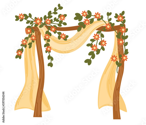 Wedding arch. Decor for marriage ceremony, party and birthday. Wedding Altar with flowers, leaves and branches. Vector hand draw illustration isolated on the white background.