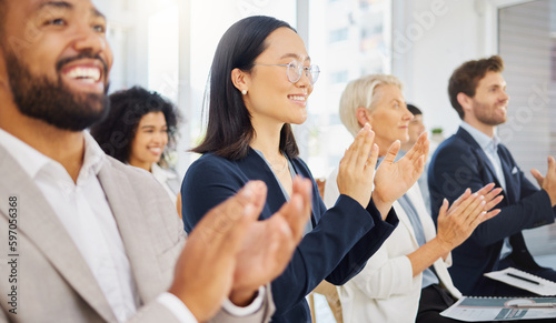 Happy audience, diversity or business people applause for trade show success, convention presentation or seminar achievement. Support, conference meeting and crowd clapping for motivational speech