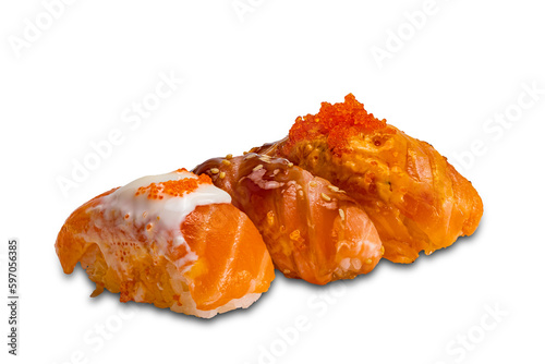Row of different kinds of homemade fresh fish sushi isolated on white background with clipping path, closeup, horizontal format.