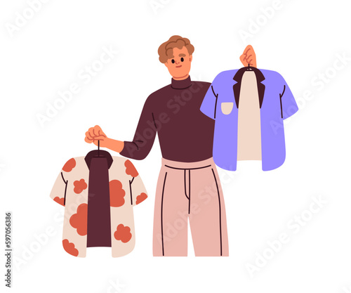 Person choosing clothes, shirt, deciding what to buy, wear. Man holding hangers with two different garments, apparel. Choice of outfit. Flat graphic vector illustration isolated on white background