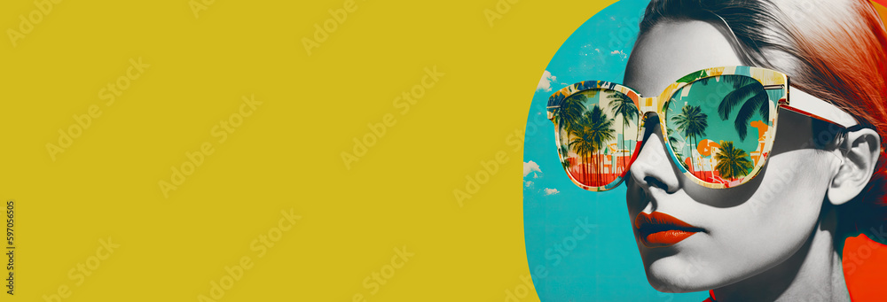 Summer travel 60s style banner background. Fashion woman wearing trendy sunglasses. Generative AI