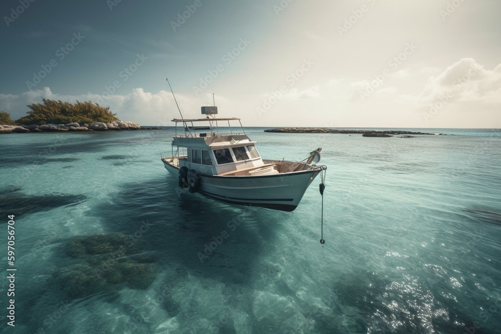 A boat for fishing parked along with paradise islands in Maldives. Generative AI