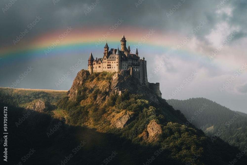 A castle with a rainbow atop a mountain. Generative AI