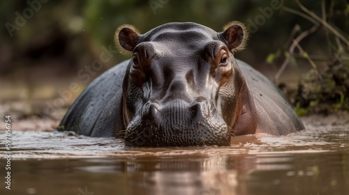 Big and lumbering hippopotamus wallowing in water. AI generated