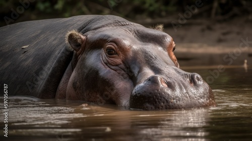 Big and lumbering hippopotamus wallowing in water. AI generated
