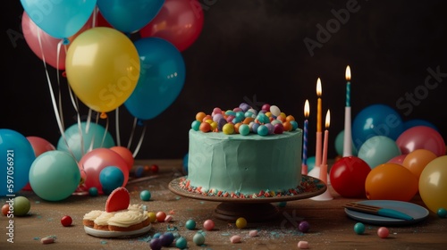 Biirthday bash with cake and ballons. AI generated