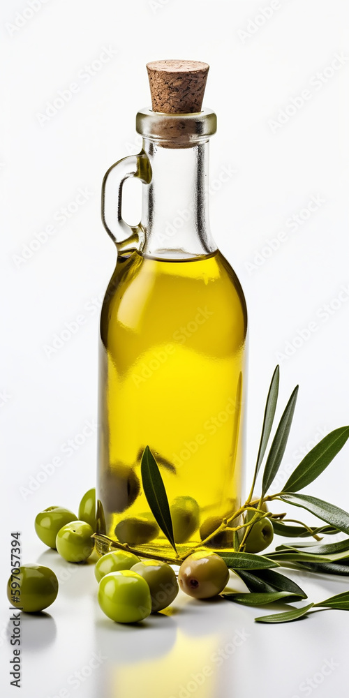 ransparent bottle of olive oil corked with a stopper surrounded by fresh green olives and leaves on a white background. ransparent bottle of olive oil corked with a stopper surrounded by fresh green olives and leaves on a white background.