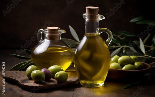 Golden olive oil in rustic glass bottles with fresh olives, embodying the essence of traditional gourmet.