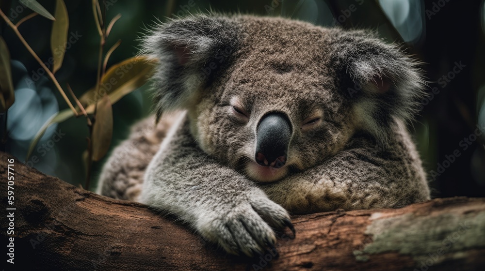 Obraz premium Cuddly koala napping in tree. AI generated