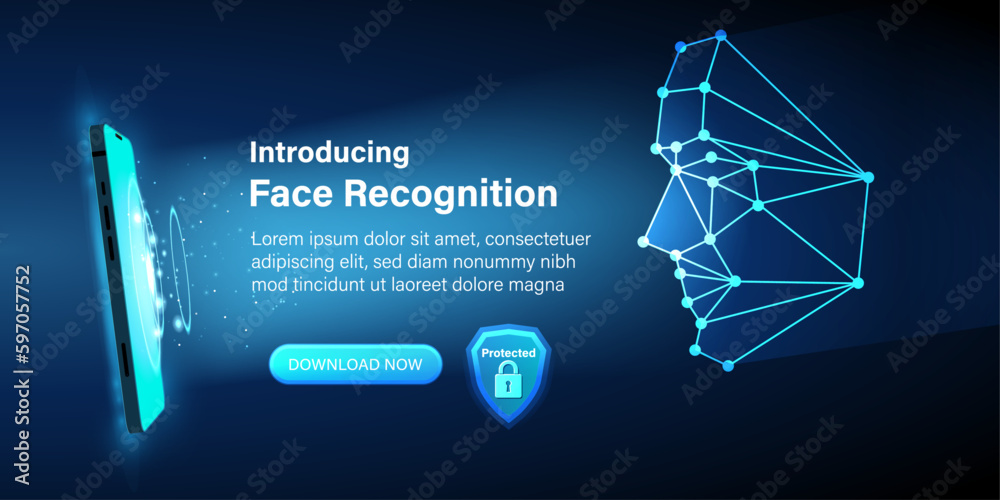 Identification of a person through facial and face recognition technology. The smartphone scans a person's face and create a polygonal mesh conposed of lines and dots. Vector illustration. - obrazy, fototapety, plakaty 