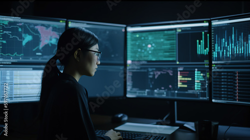 A data scientist working on an AI project with a virtual screen displaying neural network architecture in the background. Ai generated © mariof