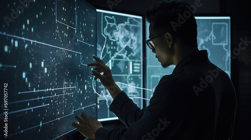 A data scientist working on an AI project with a virtual screen displaying neural network architecture in the background. Ai generated