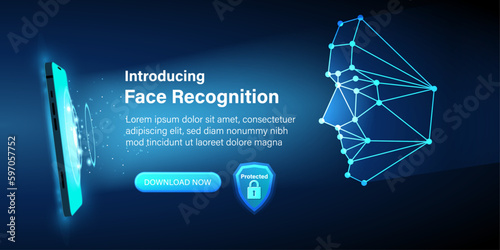Identification of a person through facial and face recognition technology. The smartphone scans a person's face and create a polygonal mesh conposed of lines and dots. Vector illustration. photo