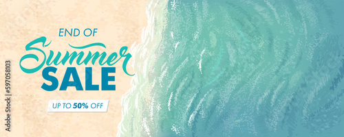 Summer sale horizontal banner. Vector beautiful realistic top view illustration of sandy summer beach