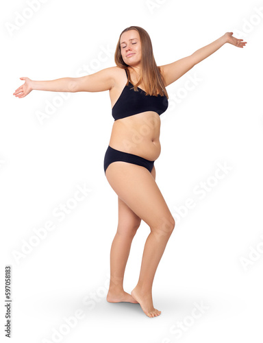Confident woman with overweight natural body posing.