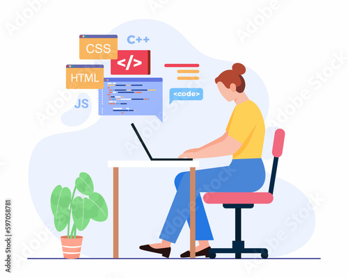 Businesswoman is sitting at the desk and working on the laptop, concept of Web development, programmer and coding website.
