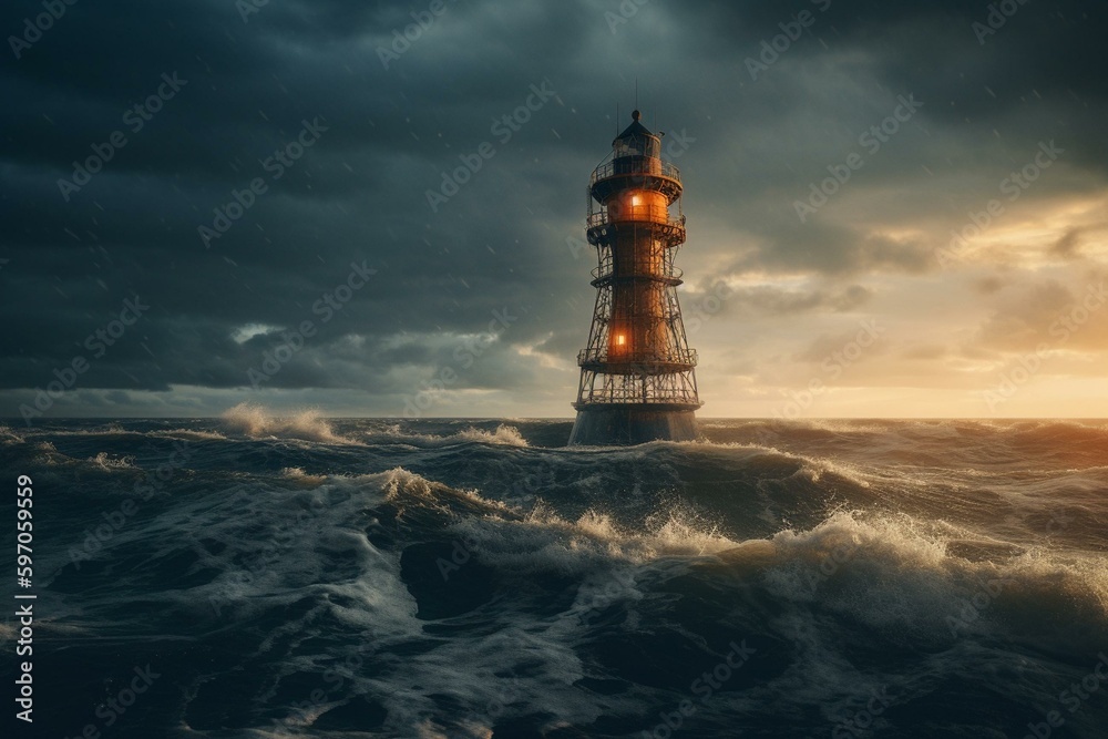 Stormy seas' light tower. Generative AI