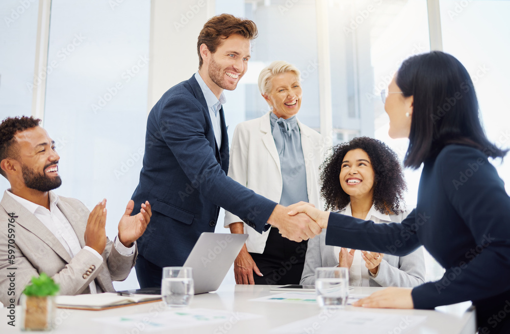 Partnership, agreement and happy business people shaking hands for investment deal, b2b contract negotiation or acquisition. Human resources promotion, diversity and HR manager with hiring welcome - obrazy, fototapety, plakaty 