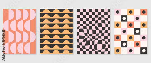 Retro geometric shapes cover background. Set of contemporary art wall decoration with circle dot pattern. Geometric posters in trendy illustrated design for cover, banner, print, interior, fabric.