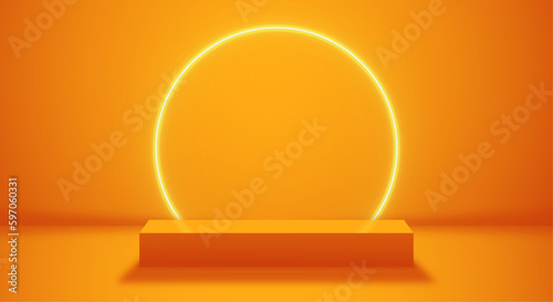 Realistic vector podium with neon glowing effect. Pedestal for product presentation, showroom, orange stand display.