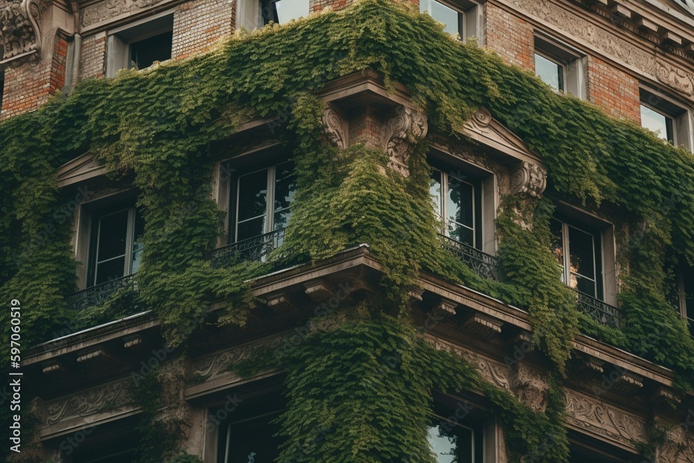 Green foliage covering the cornice of a building. Generative AI