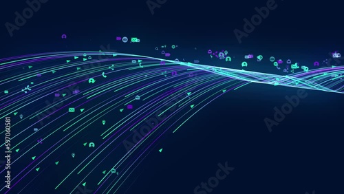Seamless blue and gold futuristic particle beam stream, digital data flow