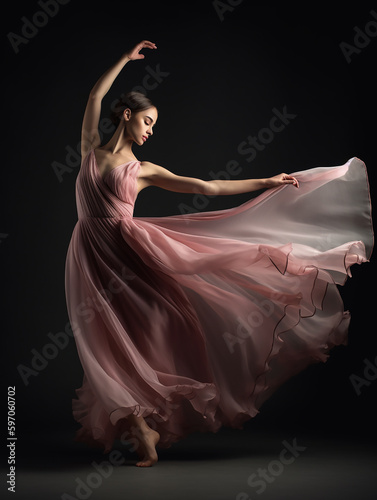 An ethereal spin caught on camera, the dancer's gown creates a soft whirl, highlighting the artistry of motion.