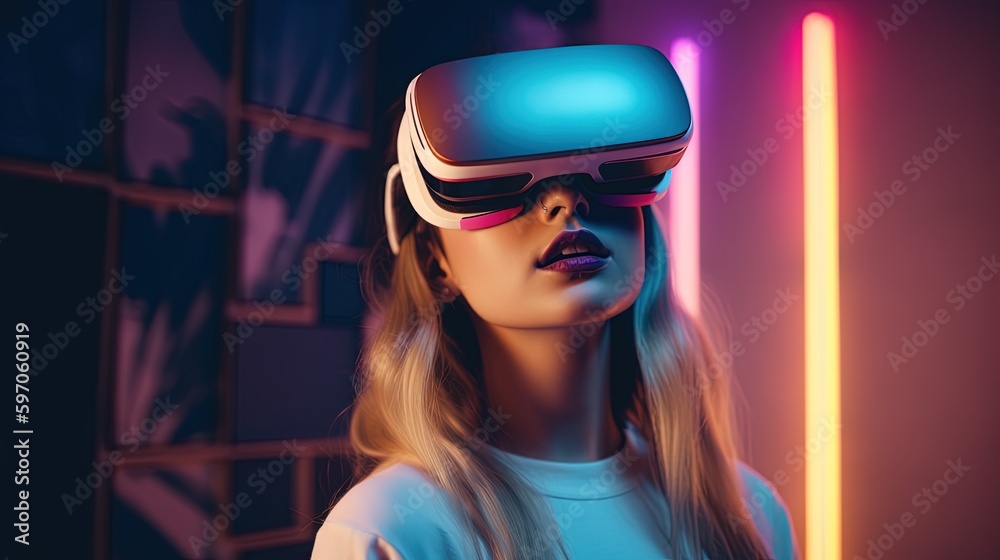 Beautiful young woman using virtual reality headset. Future technology concept.Generative Ai Beautiful young woman using virtual reality headset. Future technology concept.Generative Ai