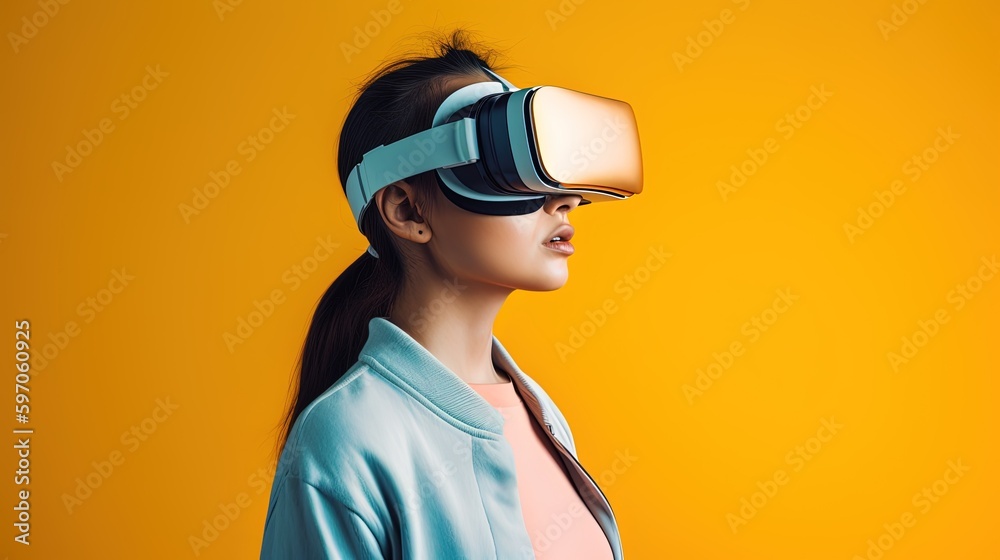 Beautiful young woman using virtual reality headset. Future technology concept.Generative Ai Beautiful young woman using virtual reality headset. Future technology concept.Generative Ai