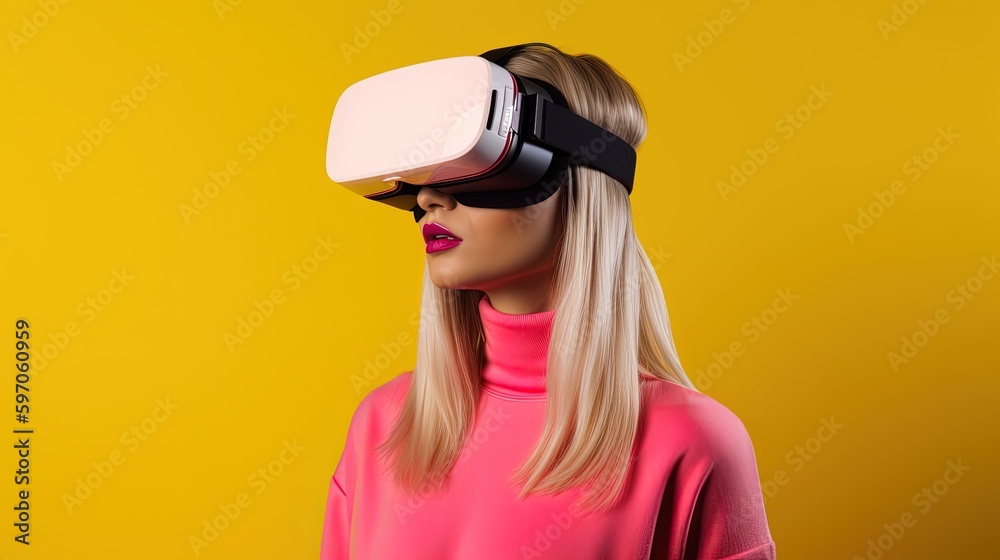 Beautiful young woman using virtual reality headset. Future technology concept.Generative Ai Beautiful young woman using virtual reality headset. Future technology concept.Generative Ai