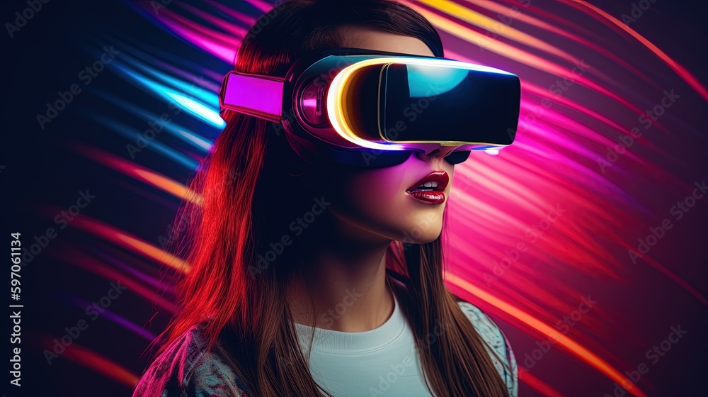 Beautiful young woman using virtual reality headset. Future technology concept.Generative Ai Beautiful young woman using virtual reality headset. Future technology concept.Generative Ai