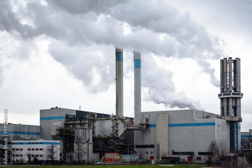 An industrial plant with chimneys from which thick smoke comes out into a cloudy sky. Environmental pollution by industry.