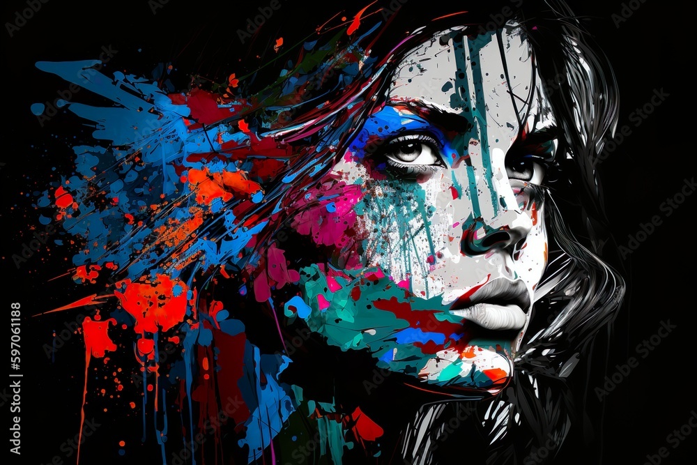 Portrait of beautiful lady with splash paint art made with Ai generative technology