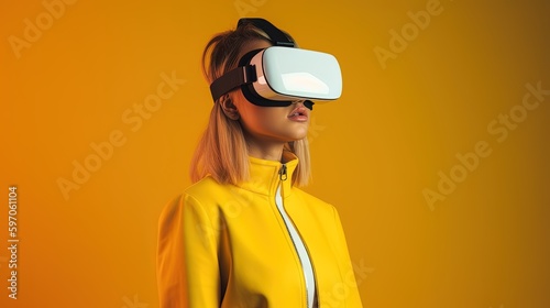Beautiful young woman using virtual reality headset. Future technology concept.Generative Ai